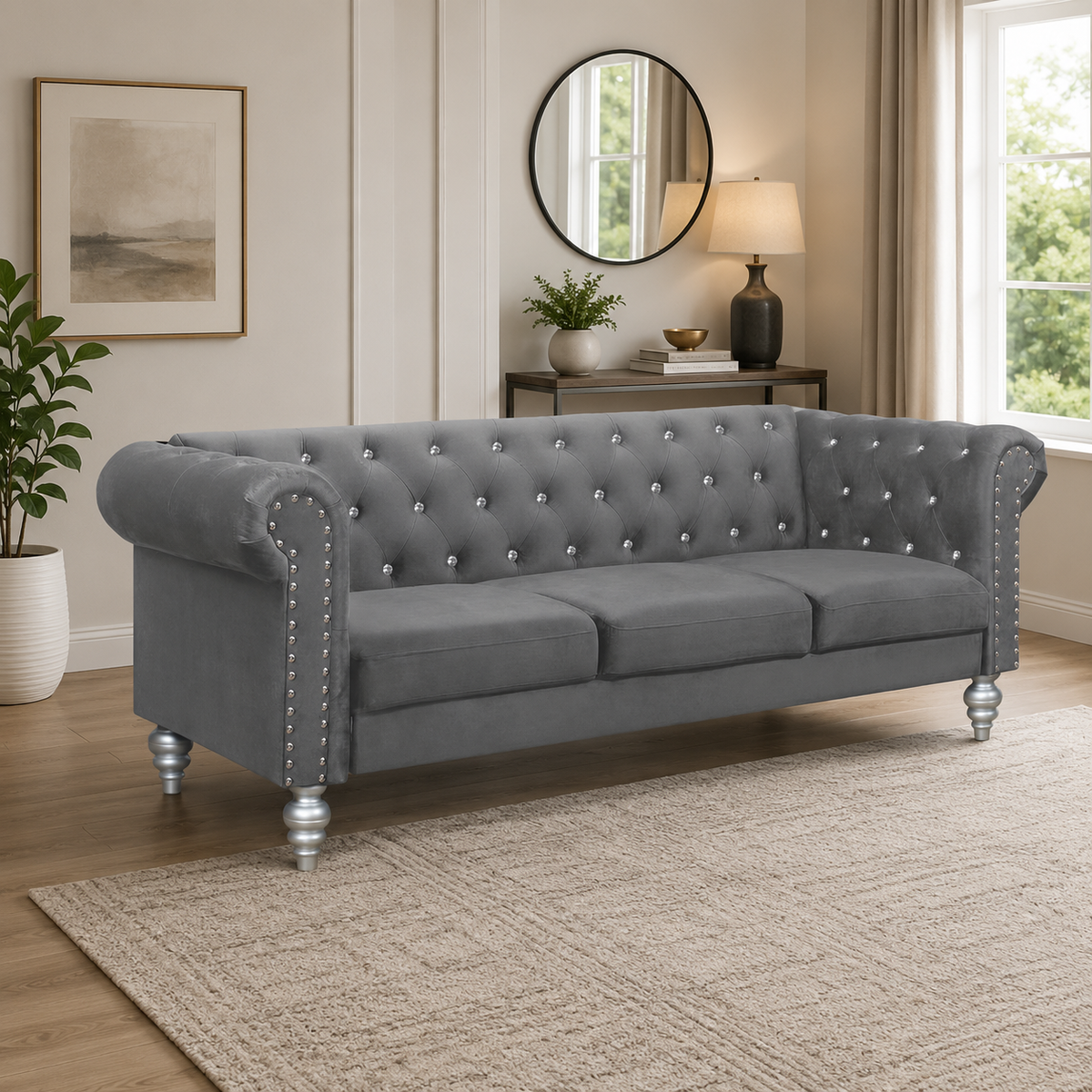 Luxury grey velvet Chesterfield sofa with solid teak wood frame and crystal tufting