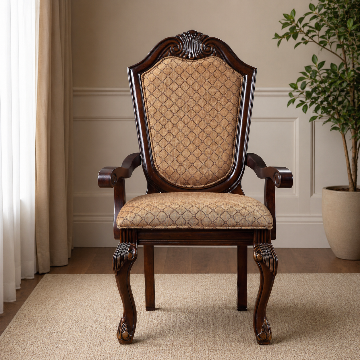 Teak wood classic carved arm dining chair with upholstered seat
