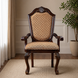 Teak wood classic carved arm dining chair with upholstered seat
