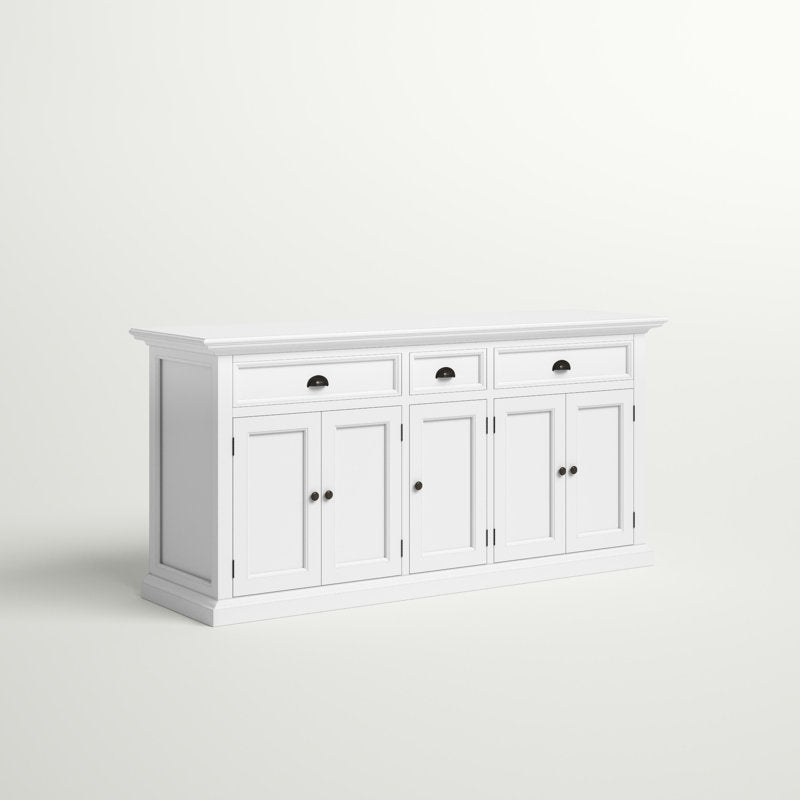 White wooden console cabinet with multiple storage compartments