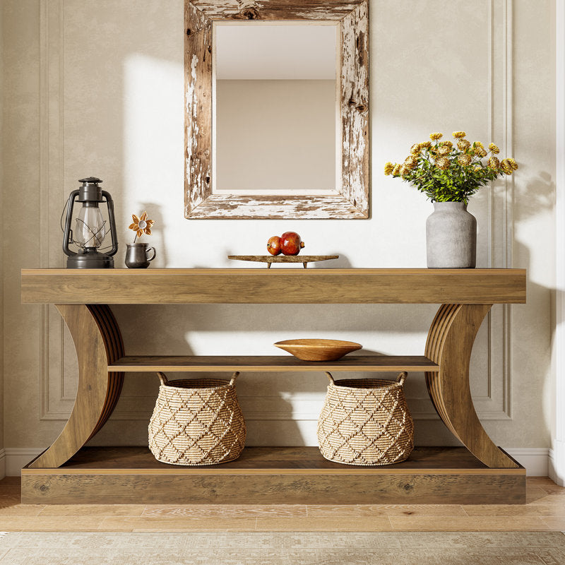 Luxury entryway teak wood sofa table with shelves