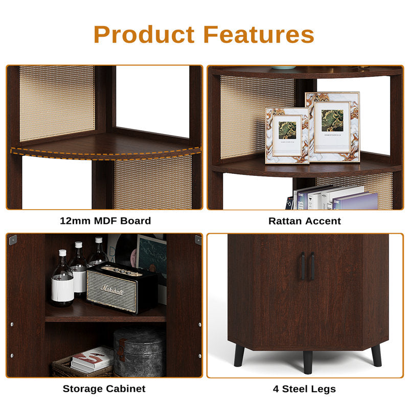 Modern wooden corner cabinet with decorative display shelves