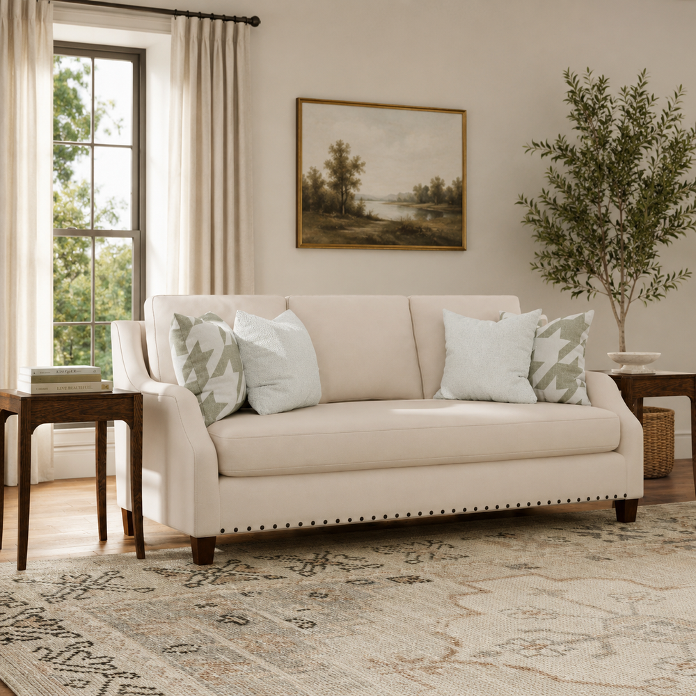 Teak wood upholstered cream loveseat sofa for modern living room