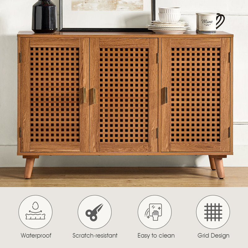 Natural teak wood storage console with cane lattice doors