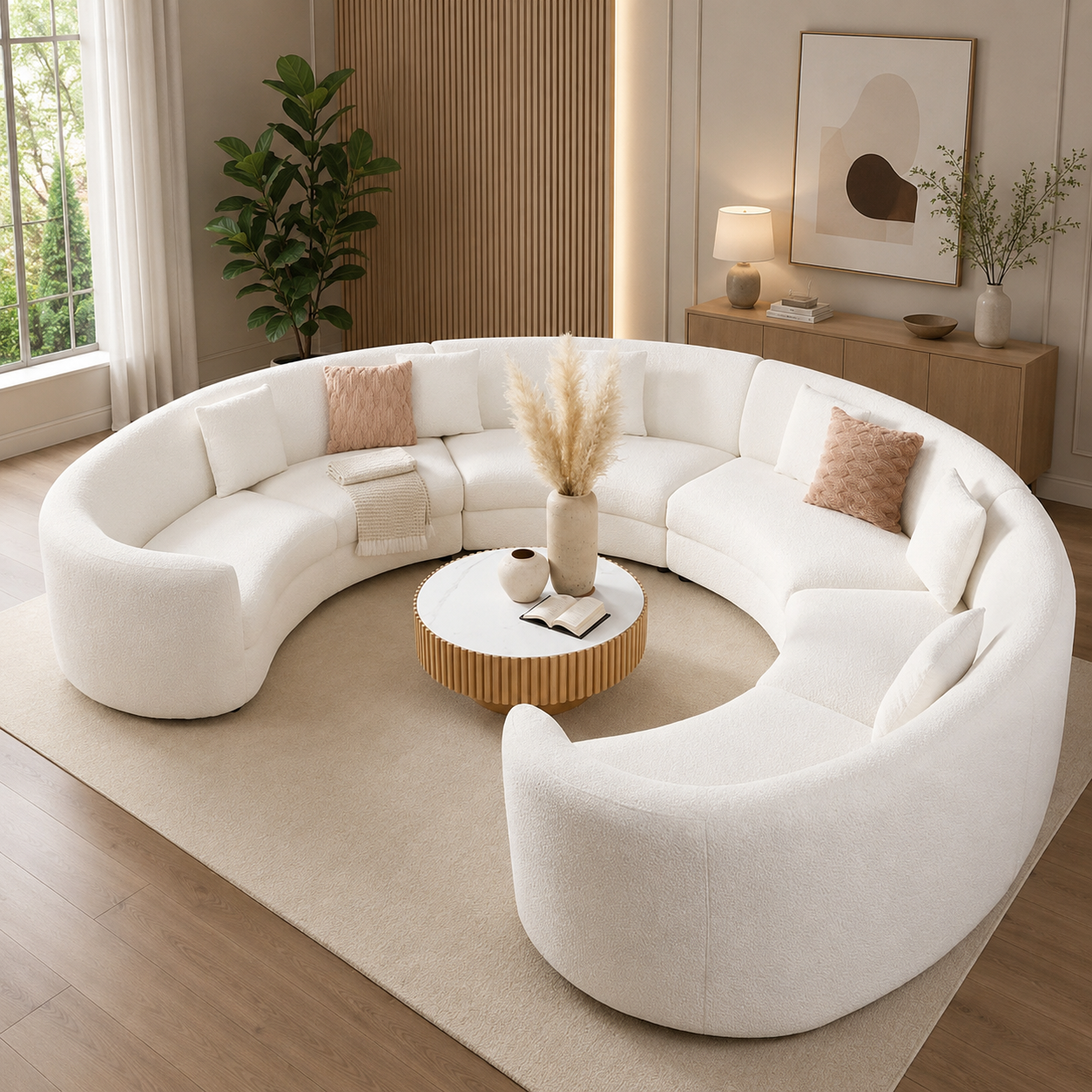 Modern teak wood curved sofa set with soft cushions