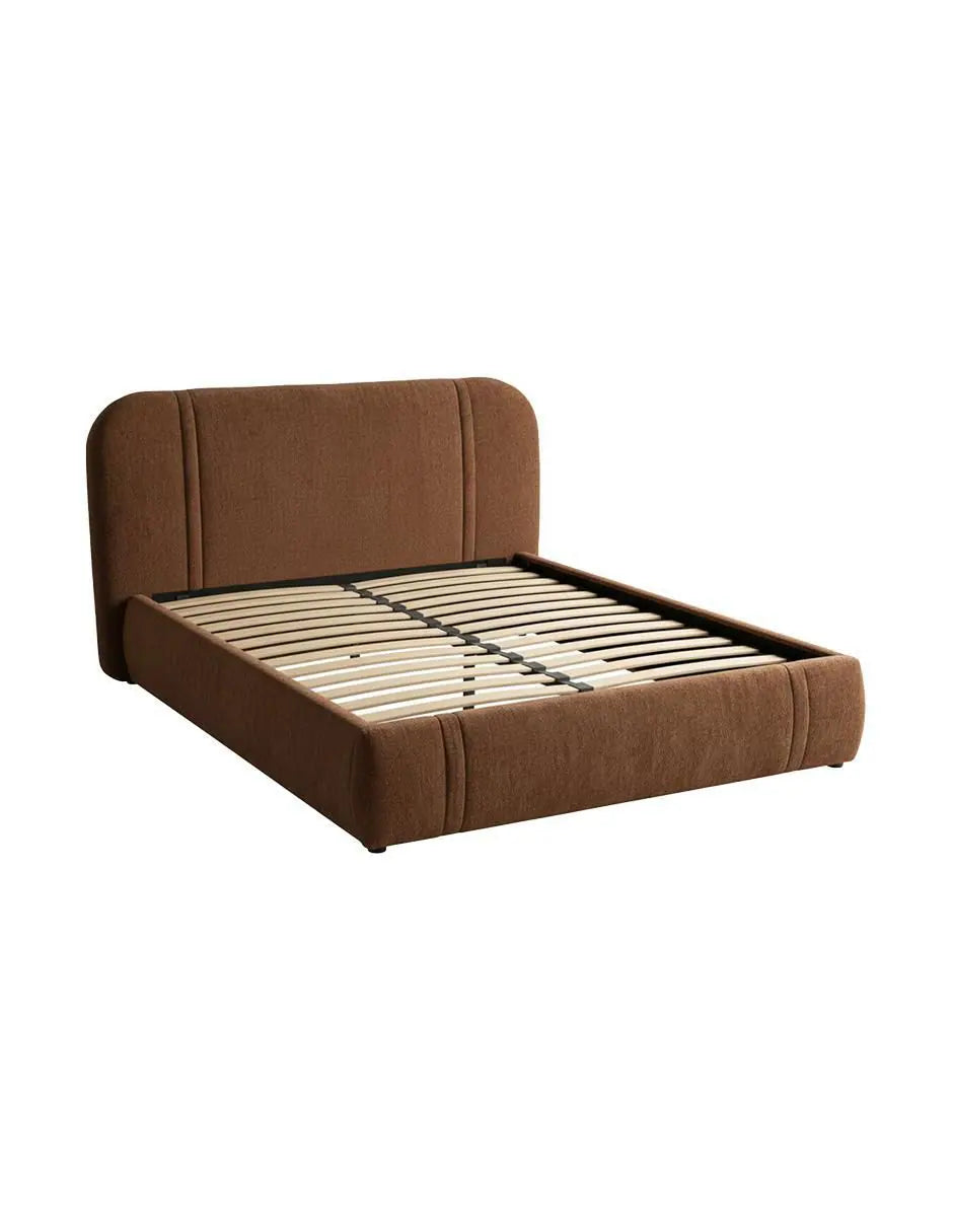 Contemporary teak wood platform bed with cushioned headboard
