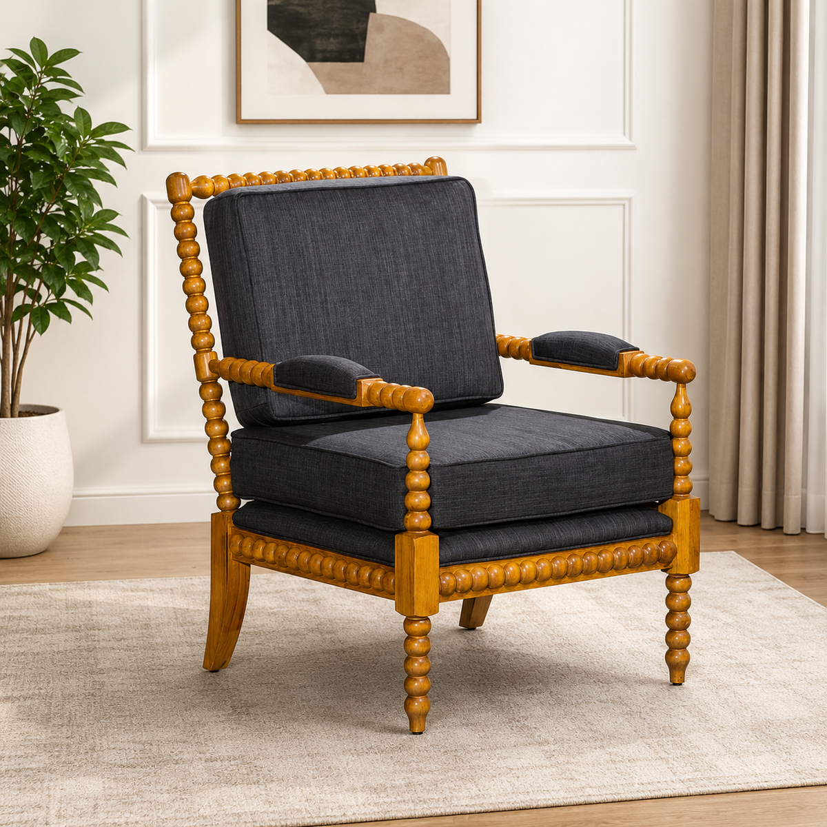 Teak wood spindle accent chair