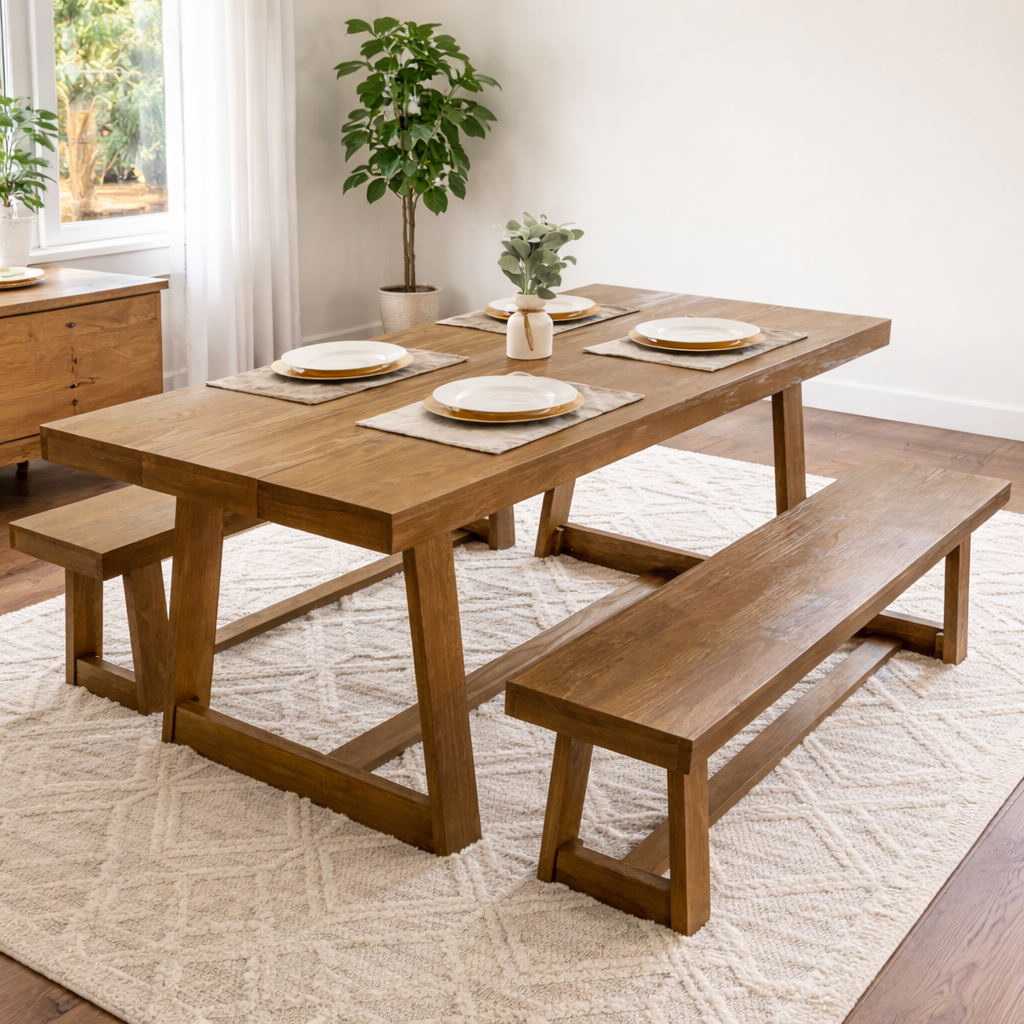 Solid teak wood dining table set with benches