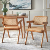 Modern teak wood dining set with woven rattan chairs