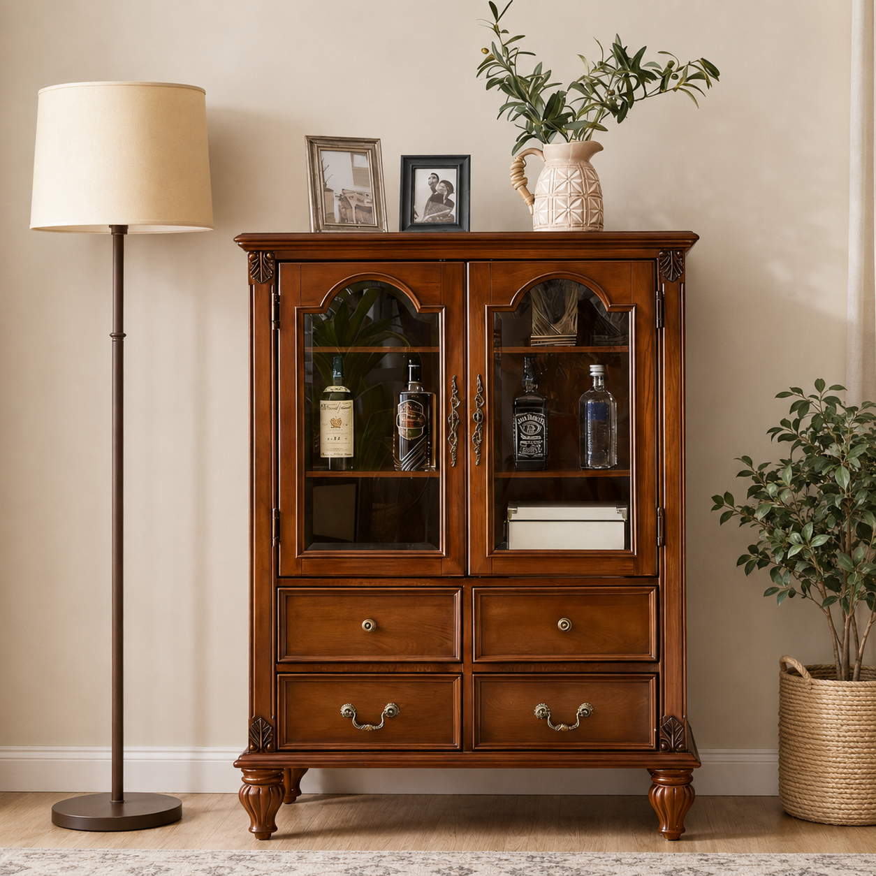 Solid teak wood display cabinet with glass doors and storage drawers