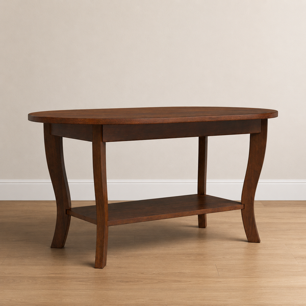 Solid teak wood oval console table with lower storage shelf
