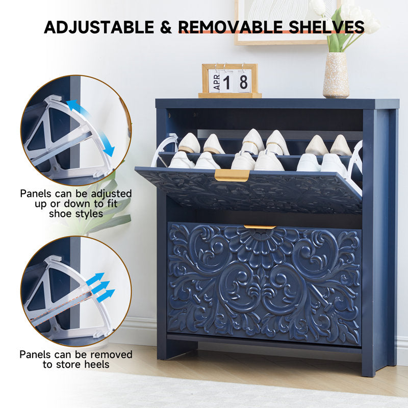 Two-drawer teak wood organizer cabinet with metal handles