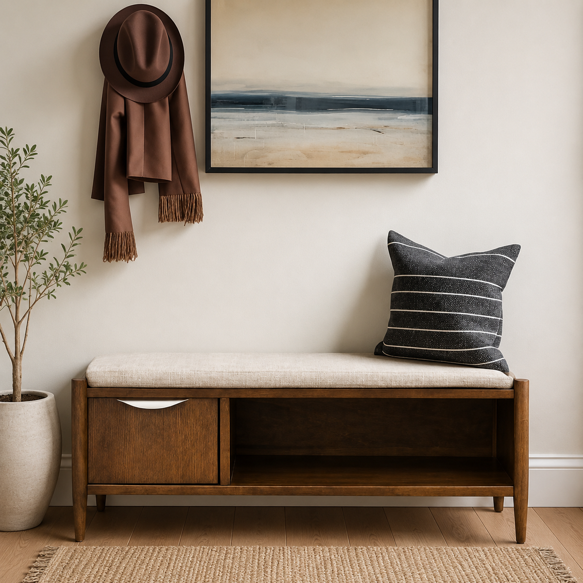 Solid teak wood entryway storage bench with cushion seat