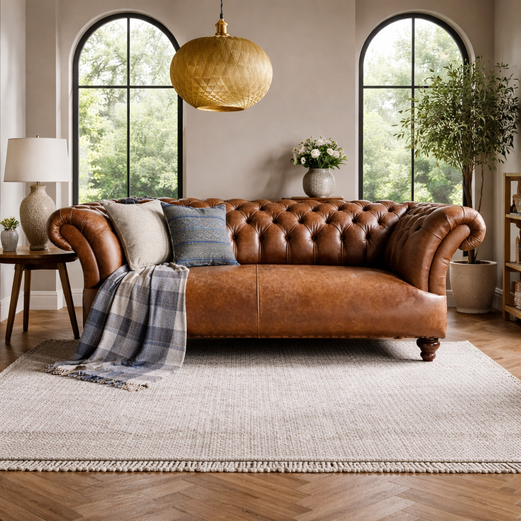Luxury Leather Chesterfield Sofa – 3 Seater | Teak Wood Frame | Premium Living Room Sofa