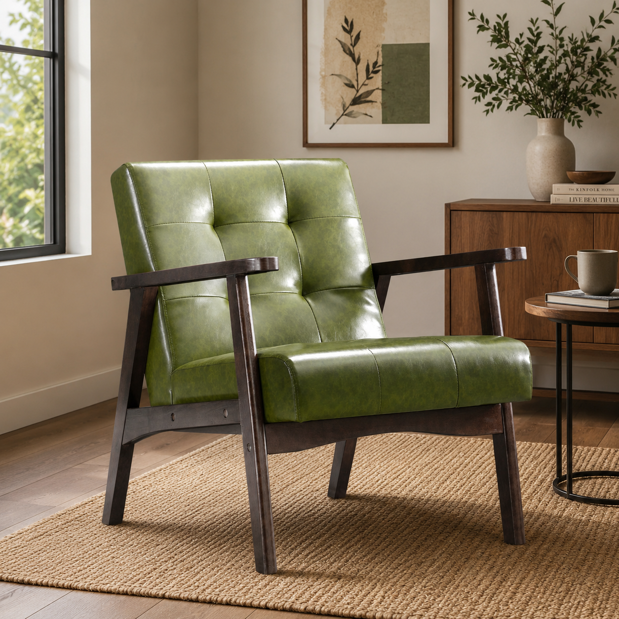 Premium teak wood lounge chair with green upholstery