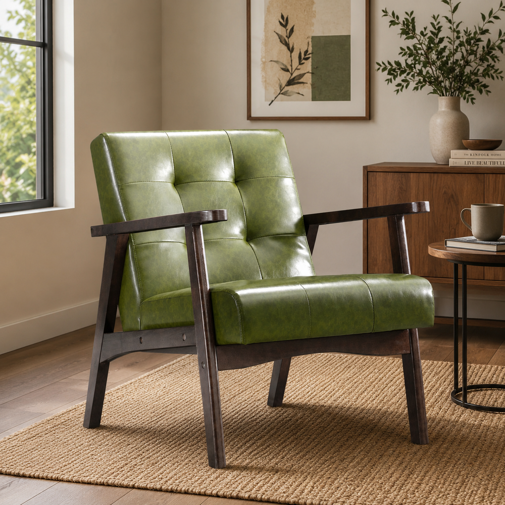 Premium teak wood lounge chair with green upholstery