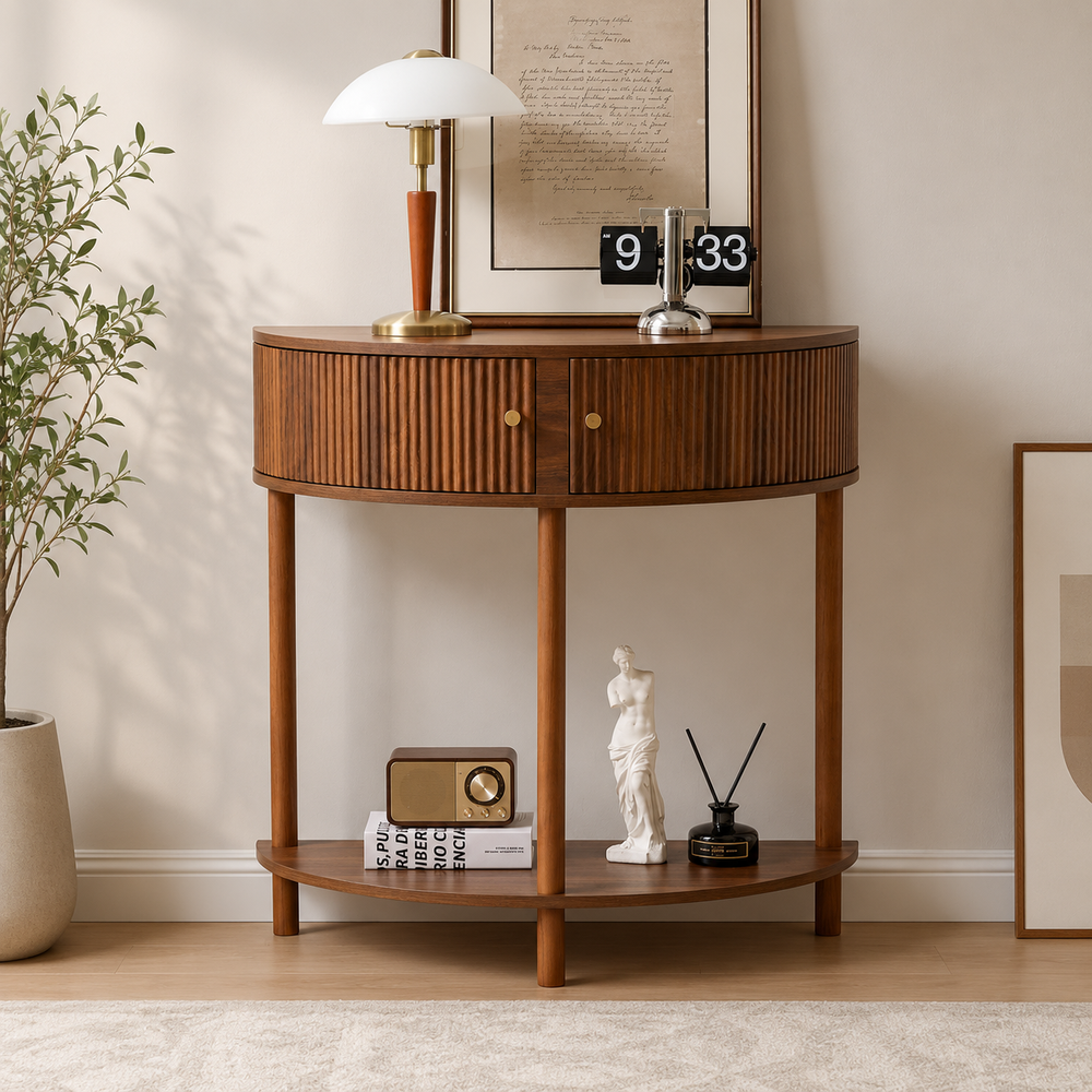 Premium teak wood half moon console table with storage cabinet
