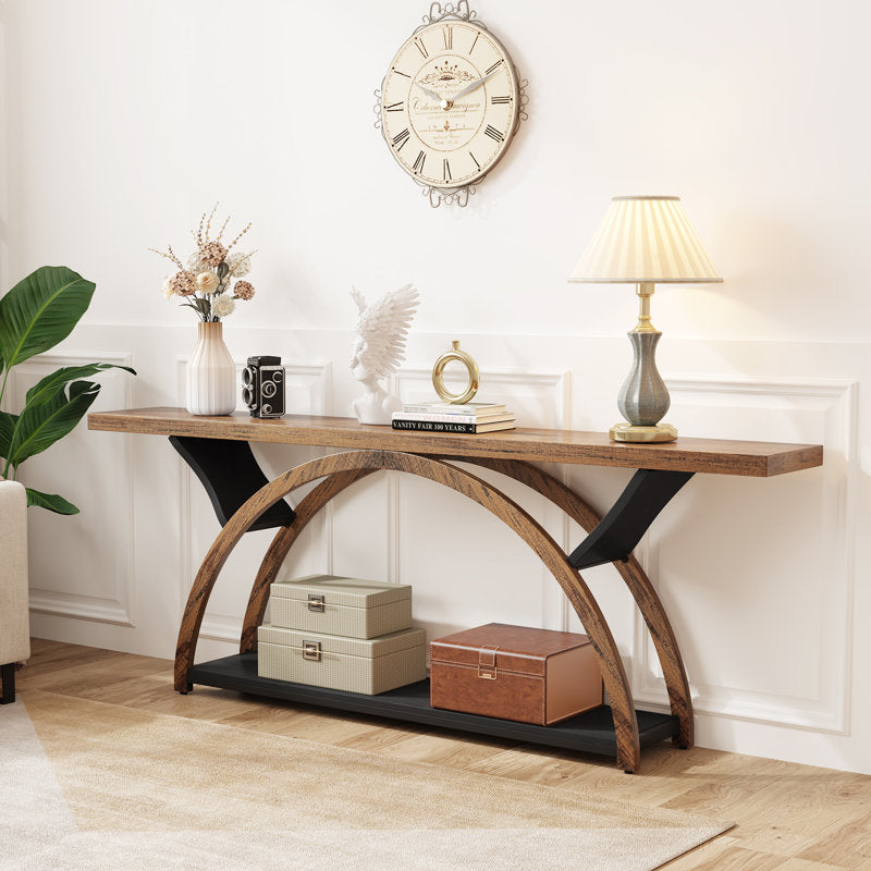 Rustic wooden entryway console table with shelf
