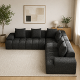 Modern teak wood L shape sectional sofa in charcoal black fabric