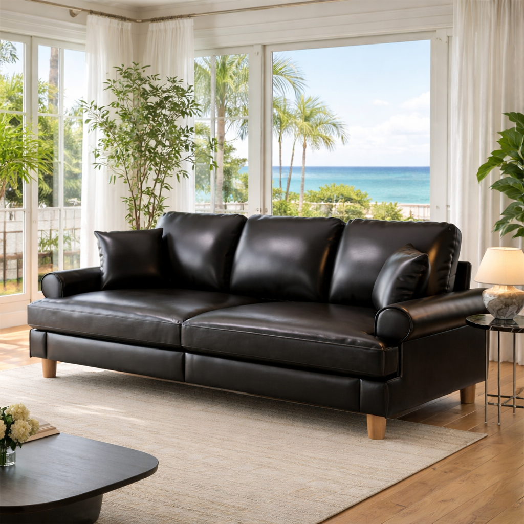Black leather sofa with solid teak wood frame
