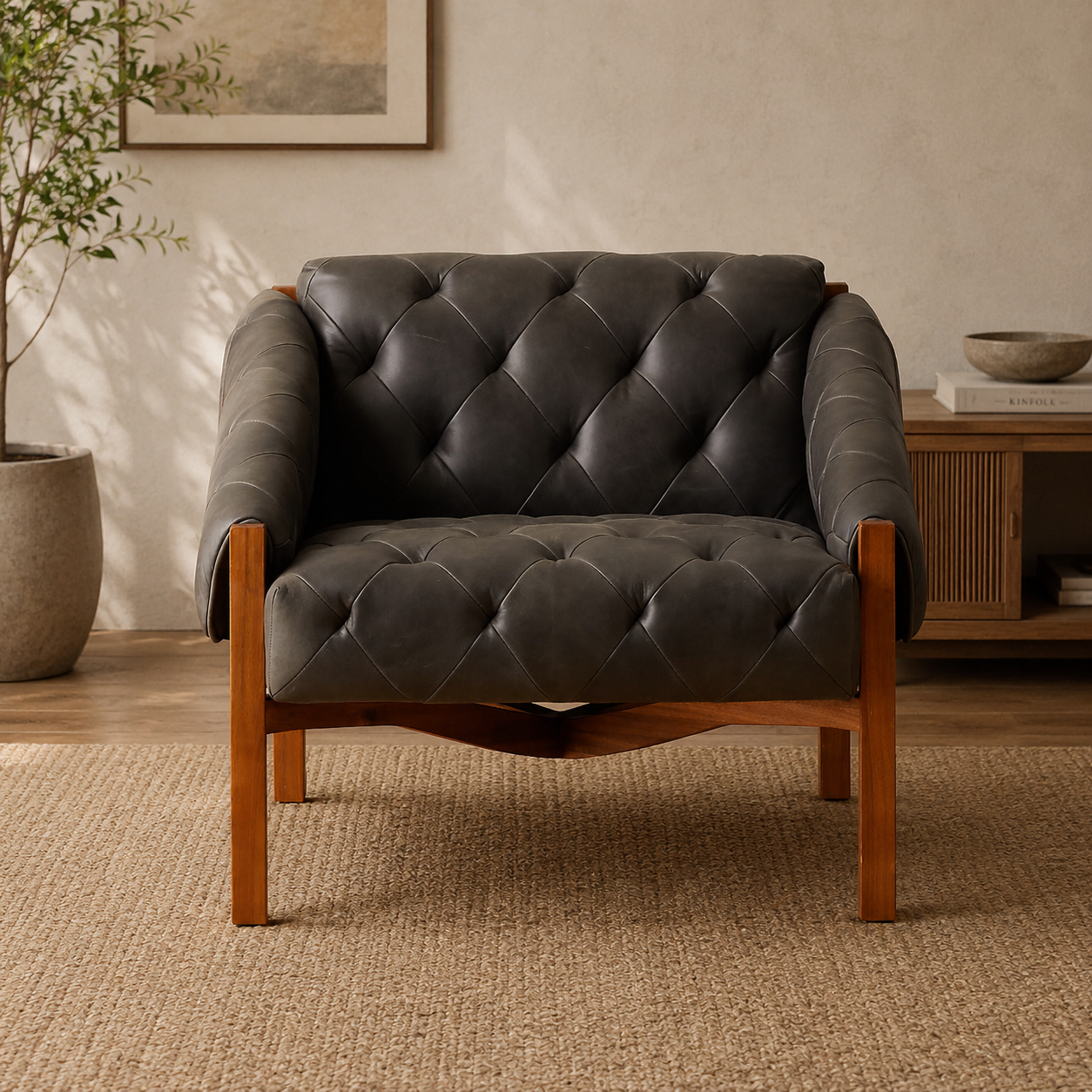 Luxury teak wood tufted lounge chair with cushioned seating
