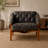 Luxury teak wood tufted lounge chair with cushioned seating