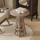 Round teak wood end table with intricate hand carving
