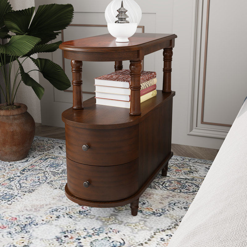 Teak wood side table beside beige sofa with storage