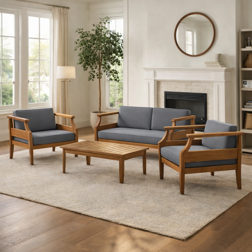 Premium Teak Wood Sofa Set – Solid Wood Living Room Sofa 2+1+1 Seater +1 Center table