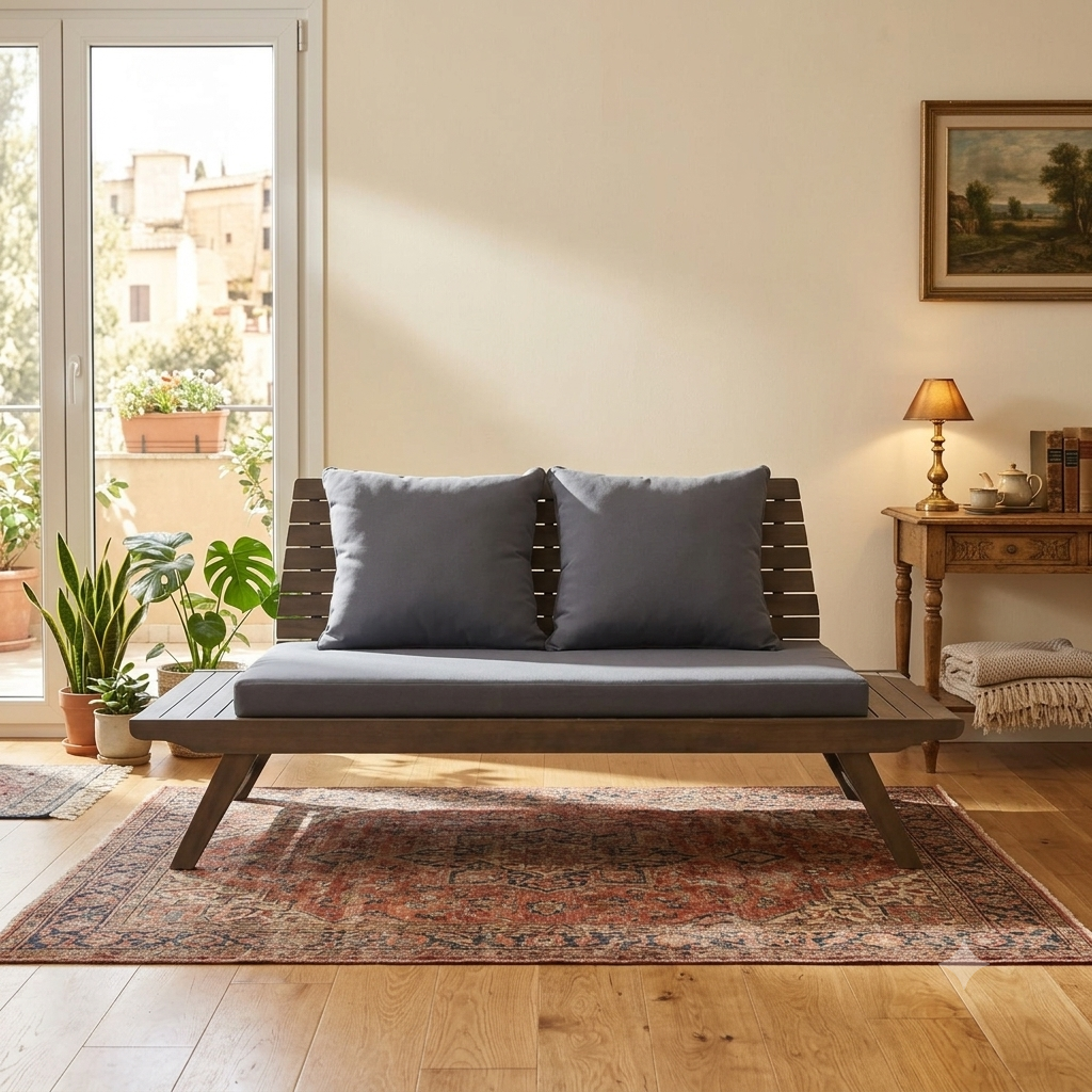 Solid teak wood modern sofa cum daybed with grey cushions