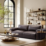 Premium brown leather sofa with teak wood frame