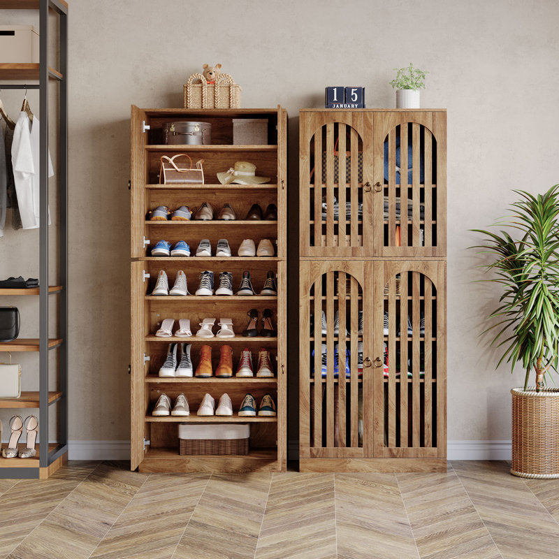 Natural teak wood display cabinet with interior shelves