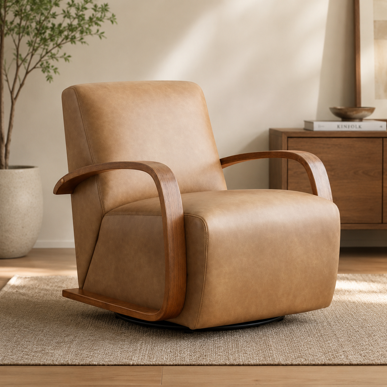 Teak wood leather lounge chair