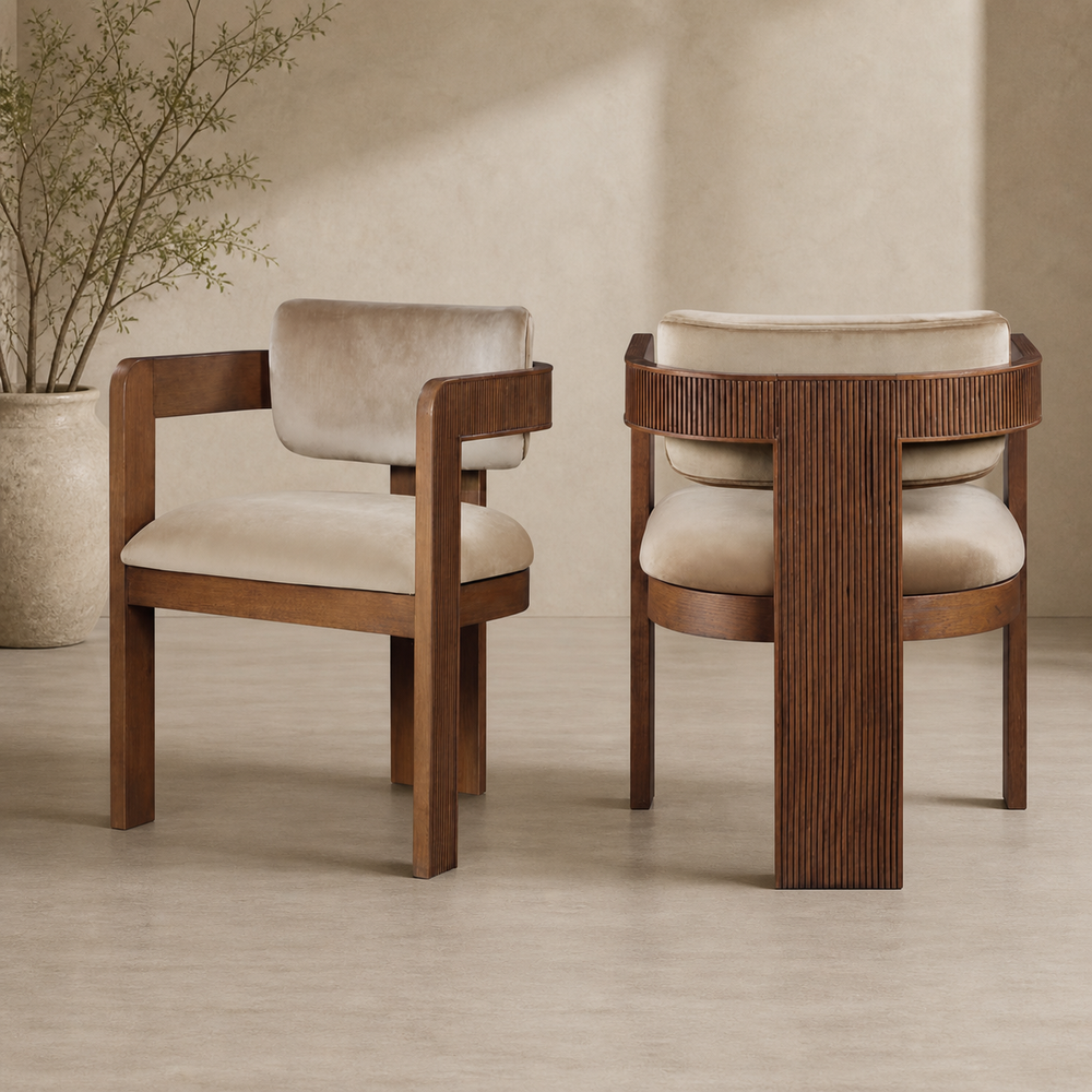 Luxury teak wood upholstered accent armchair with beige cushion
