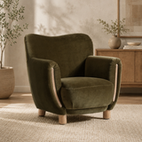 Luxury teak wood accent armchair with olive green upholstery
