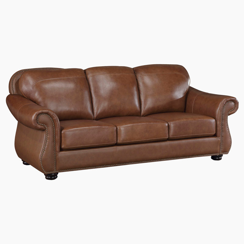 Teak wood sofa with beige cushions