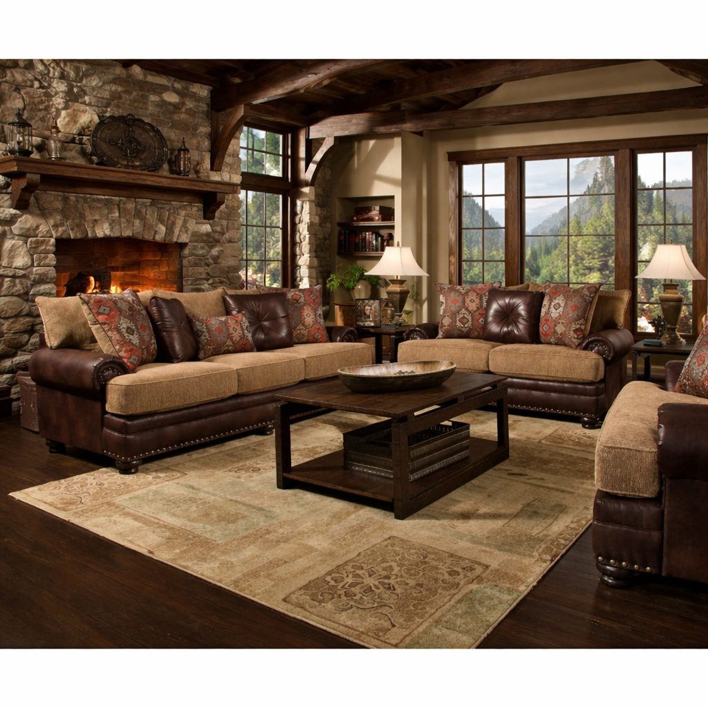 Luxury Solid Teak Wood Leather & Fabric 2 Seater Sofa  – Premium Living Room Furniture