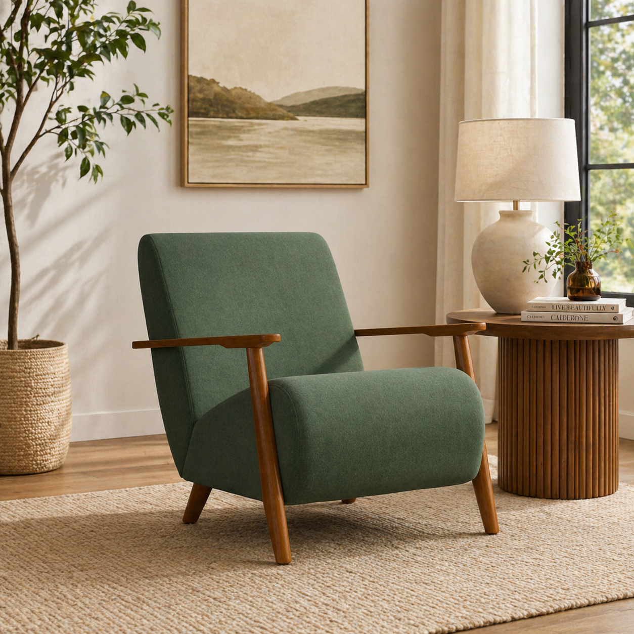 Teak wood mid-century accent chair in green upholstery