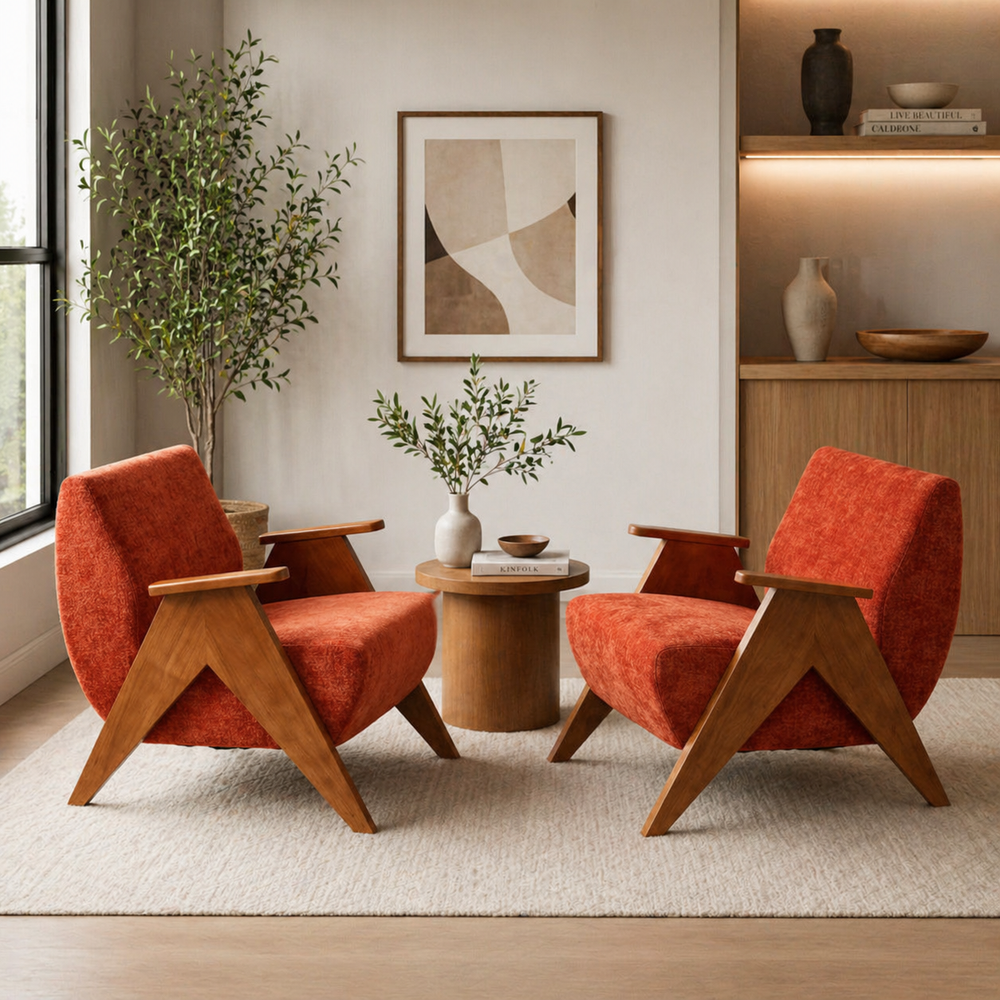 Teak wood mid-century accent chair set in rust upholstery