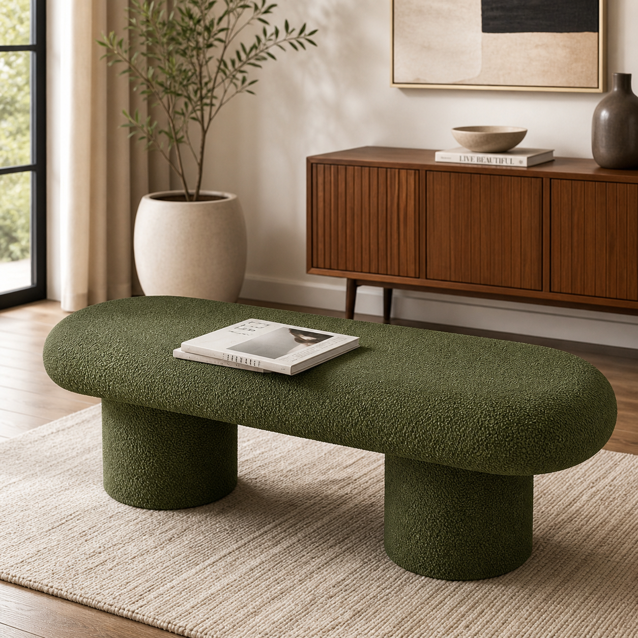teak wood modern bench olive green