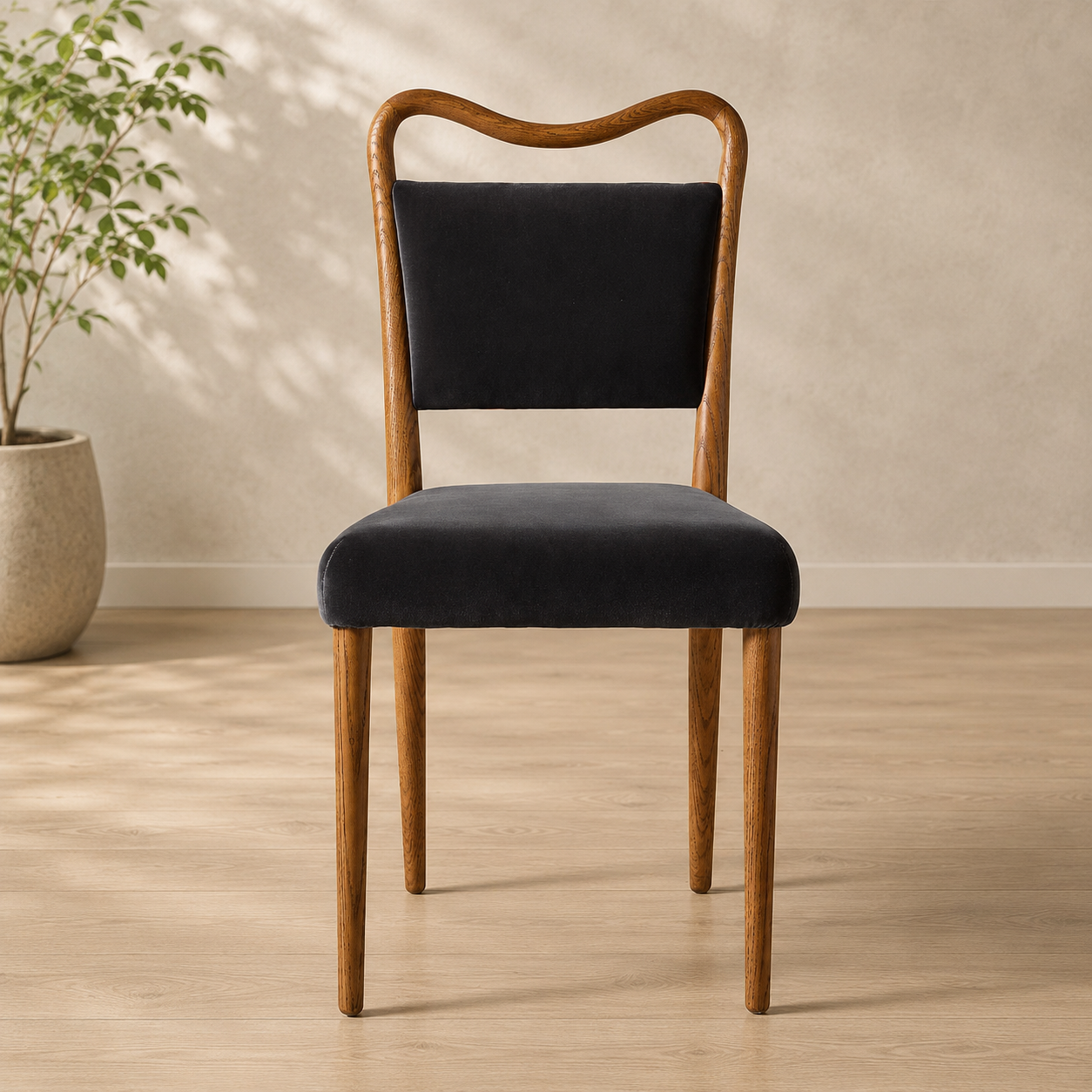 Solid teak wood dining chair with black upholstered seat