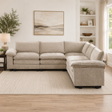Luxury teak wood L shape sectional sofa in beige fabric