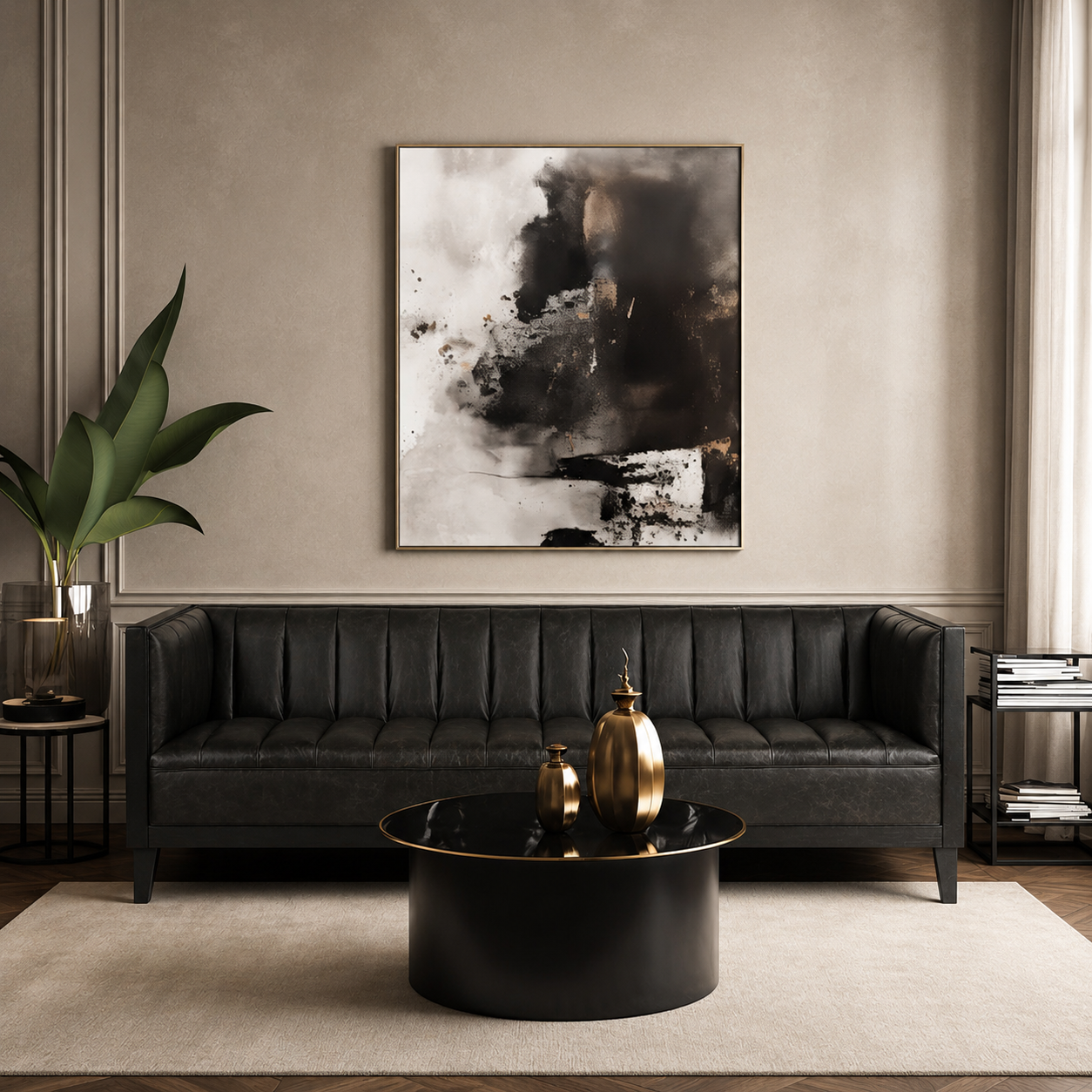 Luxury teak wood black sofa in modern living room