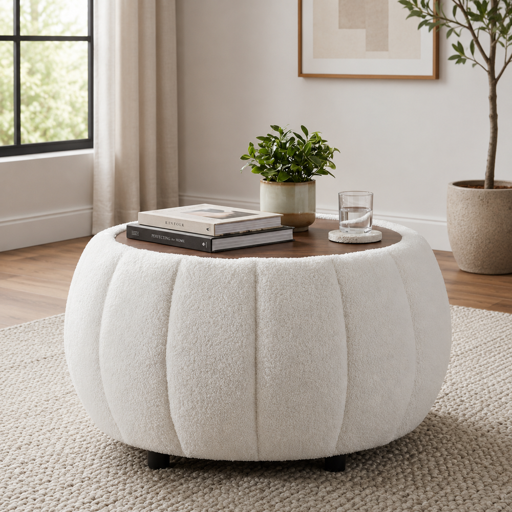 Teak wood ottoman coffee table with tufted navy blue base