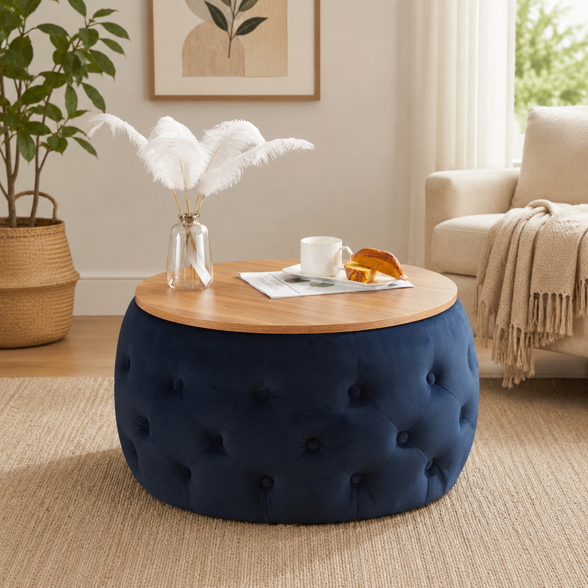 Teak wood ottoman coffee table with tufted navy blue base