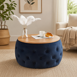 Teak wood ottoman coffee table with tufted navy blue base