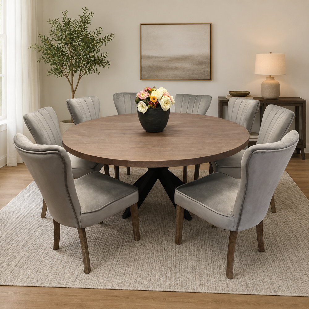 Round teak wood dining table set with 8 grey upholstered chairs