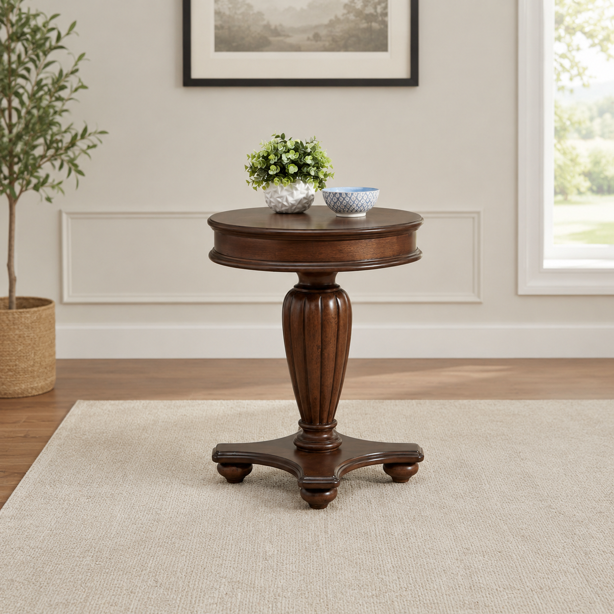 Solid teak wood round side table with pedestal base
