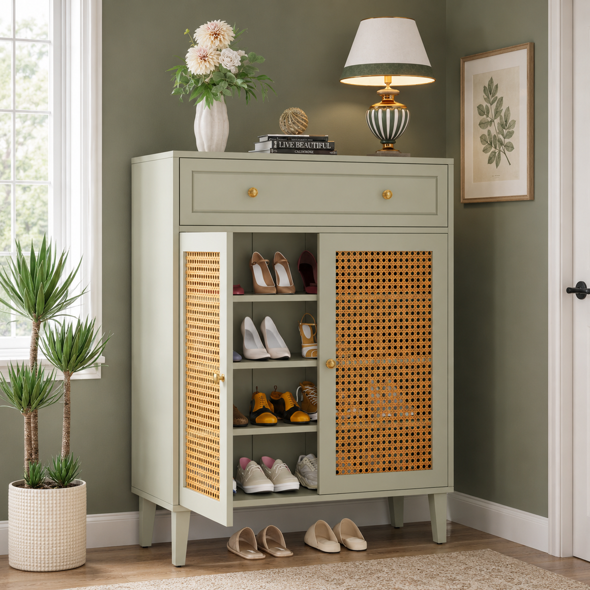 Solid teak wood rattan shoe cabinet with drawer
