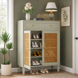 Solid teak wood rattan shoe cabinet with drawer